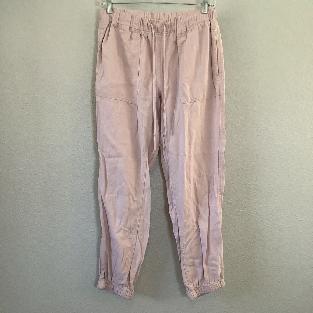 Pink Linen Blend Pants Medium Bohemian Boho Beachy Slouchy Jogger Stretch Waist